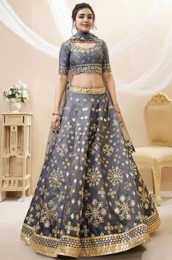 grey embroidered art silk lehenga set choli with dupatta