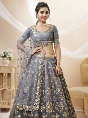 grey embroidered art silk lehenga set choli with dupatta 4
