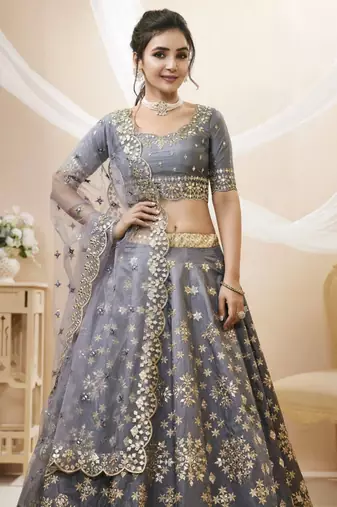 grey embroidered art silk lehenga set choli with dupatta