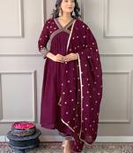 Women's Vichitra Silk Fabric Aliya Cut Kurta, Pant and Dupatta Set