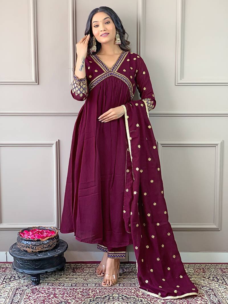 Women's Vichitra Silk Fabric Aliya Cut Kurta, Pant and Dupatta Set