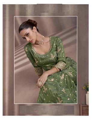 Heavy Chinon Semi Stitched Green Wedding Suit  2