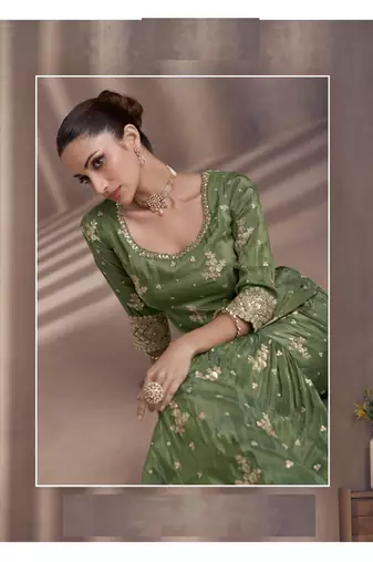 Heavy Chinon Semi Stitched Green Wedding Suit 