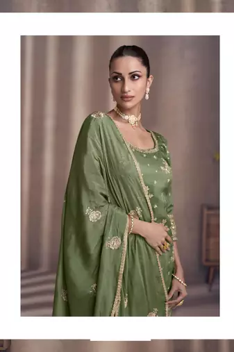 Heavy Chinon Semi Stitched Green Wedding Suit 