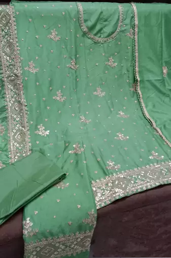 Heavy Chinon Semi Stitched Green Wedding Suit 