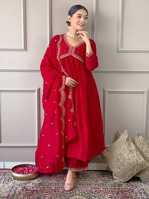 Women's Vichitra Silk Alia Cut Kurta Pant and Dupatta Set 1