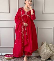 Women's Vichitra Silk Alia Cut Kurta Pant and Dupatta Set