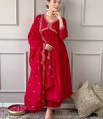 Women's Vichitra Silk Alia Cut Kurta, Pant and Dupatta Set