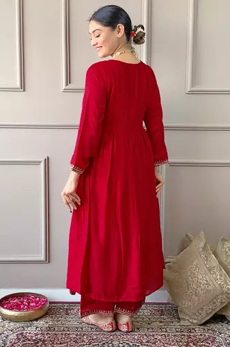 Women's Vichitra Silk Alia Cut Kurta Pant and Dupatta Set