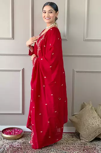 Women's Vichitra Silk Alia Cut Kurta Pant and Dupatta Set