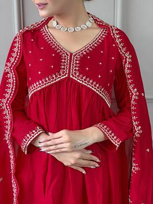 Women's Vichitra Silk Alia Cut Kurta Pant and Dupatta Set 4