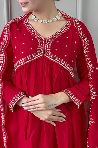 Women's Vichitra Silk Alia Cut Kurta Pant and Dupatta Set