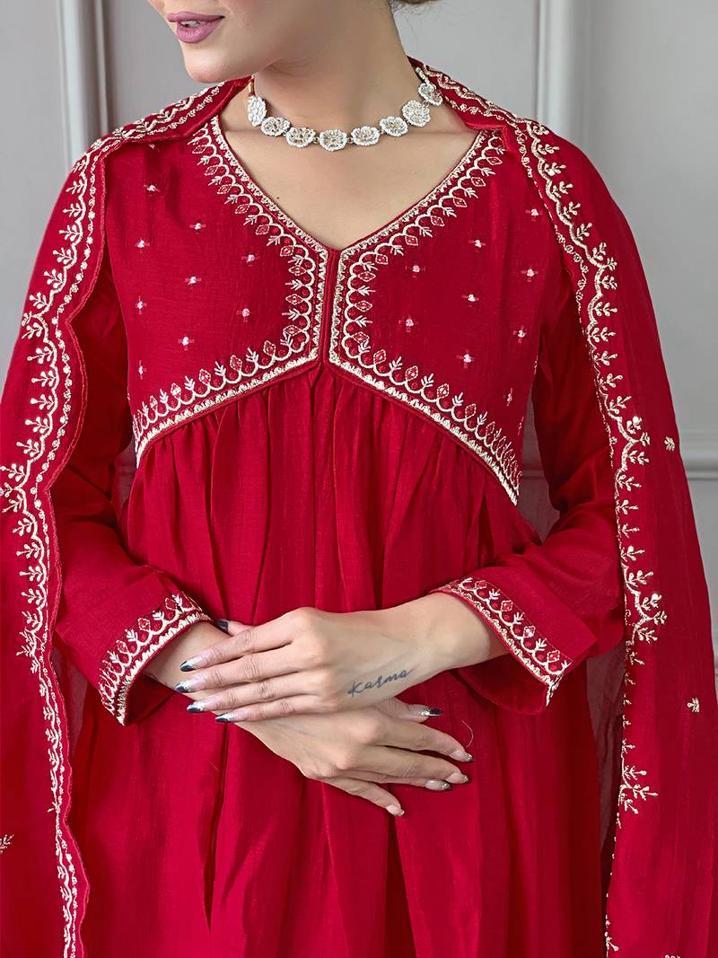 Women's Vichitra Silk Fabric Alia Cut Kurta, Pant and Dupatta Set