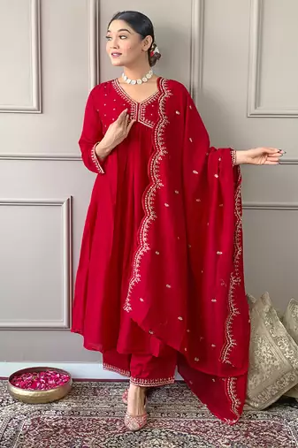 Women's Vichitra Silk Alia Cut Kurta Pant and Dupatta Set