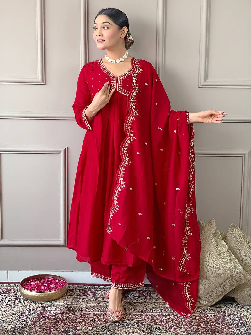 Women's Vichitra Silk Fabric Alia Cut Kurta, Pant and Dupatta Set