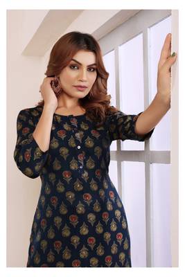 Blue viscosee muslin printed formal readymade kurti 3