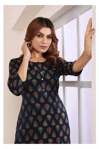 Blue viscosee muslin printed formal readymade kurti