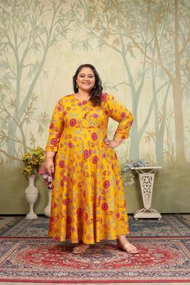 Yellow rayon printed plus size kurti for girls 1