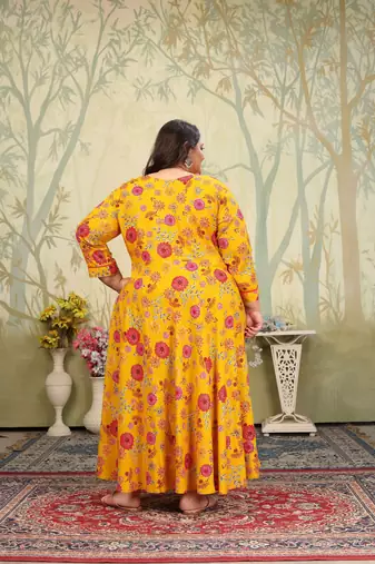 Yellow rayon printed plus size kurti for girls