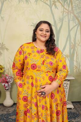 Yellow rayon printed plus size kurti for girls 4