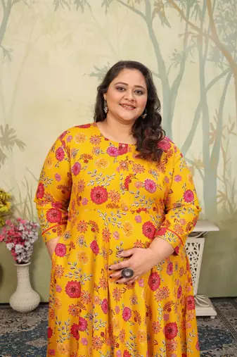 Yellow rayon printed plus size kurti for girls