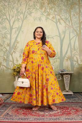 Yellow rayon printed plus size kurti for girls 5
