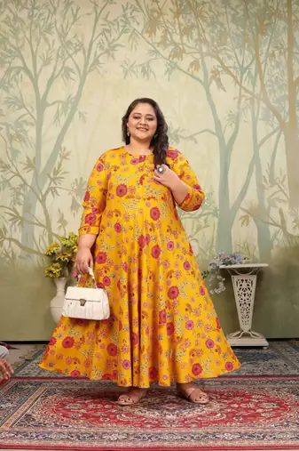 Yellow rayon printed plus size kurti for girls