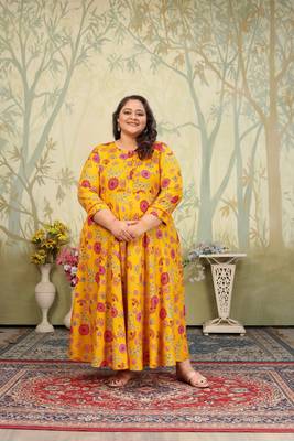 Yellow rayon printed plus size kurti for girls 6