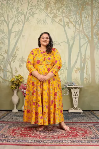 Yellow rayon printed plus size kurti for girls