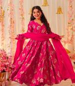 Pink girlie partywear designer printed gown for trendy looks
