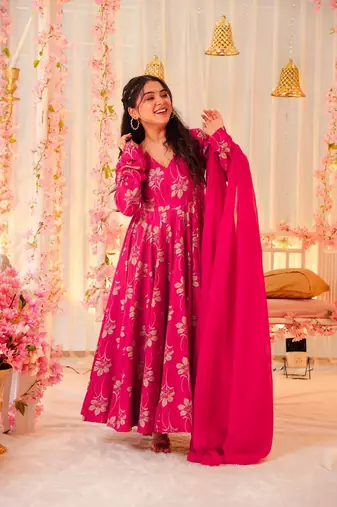 Pink partywear printed gown for trendy looks
