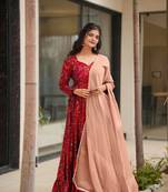 Maroon girlie partywear designer printed gown for trendy looks