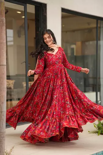 Maroon partywear printed gown for trendy looks