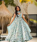 Sea green girlie partywear designer printed gown for trendy looks