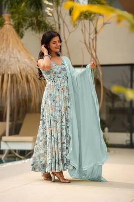 Sea green girlie partywear printed gown for trendy looks 2