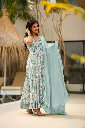 Sea green partywear printed gown for trendy looks