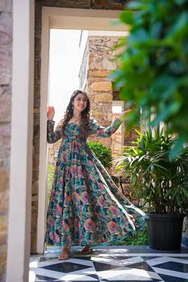 Teal girlie partywear printed gown for trendy looks 1