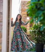 Teal girlie partywear designer printed gown for trendy looks