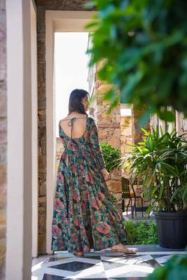 Teal girlie partywear printed gown for trendy looks 2