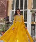 Yellow designer embroidery work faux georgette ethnic wedding wear gown with dupatta