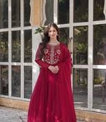 Pink designer embroidery work faux georgette ethnic wedding wear gown with dupatta