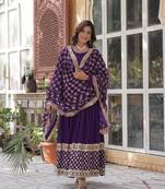 Purple designer partywear gown with dupatta for ceremonial looks
