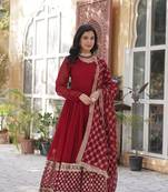 Maroon designer partywear gown with dupatta for ceremonial looks
