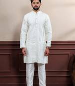  embroidery work graceful partywear cream kurta payjama for men's