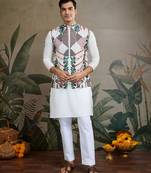 Designer multy thread embroidery with swarovski work white viscose silk men's kurta with jacket