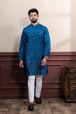  embroidery work graceful partywear morpeach kurta payjama for men's 1