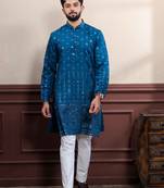  embroidery work graceful partywear morpeach kurta payjama for men's