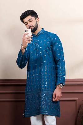  embroidery work graceful partywear morpeach kurta payjama for men's 3