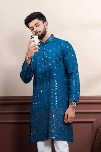  embroidery work graceful partywear morpeach kurta payjama for men's