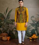 Designer multy thread embroidery with swarovski work yellow viscose silk men's kurta with jacket